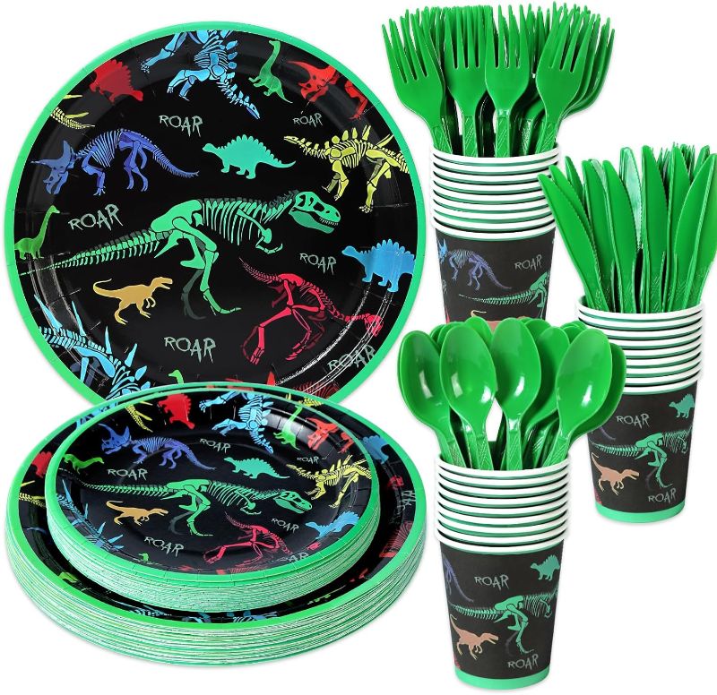 Photo 1 of 150Pcs Dinosaur Birthday Party Supplies (Serves 25) Disposable Tableware Set for Kids Boys Party Decorations include Dinner Plates, Dessert Plates, Cups, Knives, Forks, Spoons
