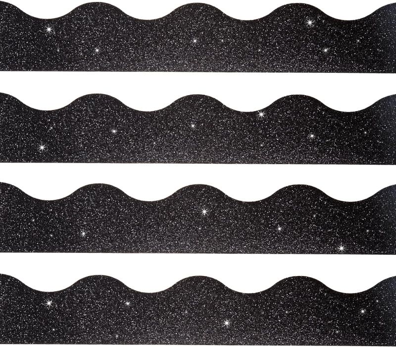 Photo 1 of 100 Feet Bulletin Board Border Glitter Shine Scalloped Borders Trim Glitter Bulletin Board Border Strips Decorative Classroom Poster Borders for Halloween Classroom School Office Party Decors,Black
