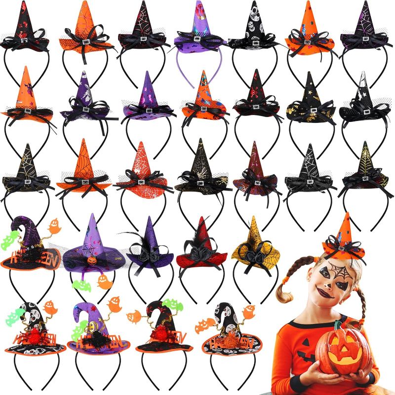 Photo 1 of 30 Packs Halloween Witch Hat Headbands for Kids Assorted Ghost Pumpkin Spider Headbands Boppers Halloween Hair Accessories Headband Headpiece for Halloween Cosplay Supplies Party Favors, 30 Styles
