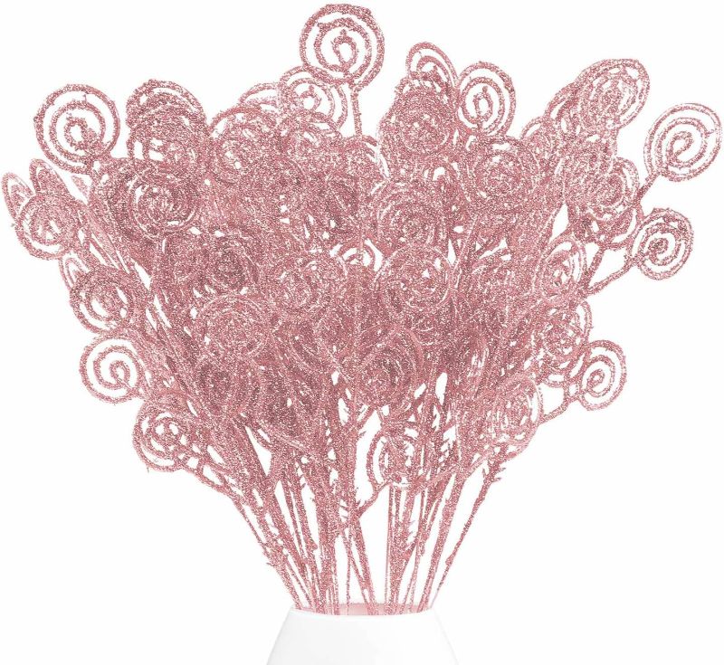 Photo 1 of 32 Pcs Rose Gold Glitter Christmas Picks Christmas Tree Filler Branches, Candy Christmas Tree Sticks for Xmas Floral Picks Sprays Crafts Party Festive Home Tree Decorations
