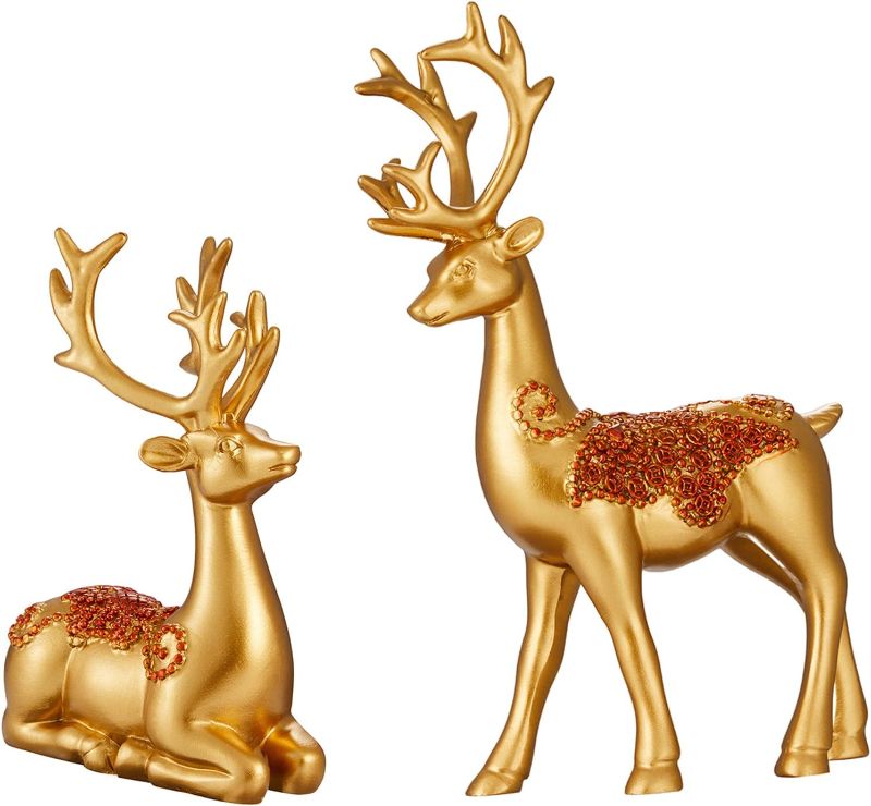 Photo 1 of 2PCS Carved elk Statue Resin Ornaments, Christmas Reindeer Fortune Seeking Decoration Modern Retro Art Standing and Sitting Posture, Applicable to Living Room and Bedroom (Carved Gold)
