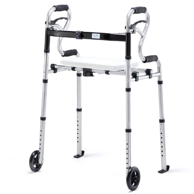 Photo 1 of 4 in 1 Folding Walker with Seat by Health Line Massage Products, Width Adjustable Folding Walkers with 5” Wheels and Extra 2 Skis, Compact Adults Walker for Seniors Support Up to 350lbs Sliver Silver & Width Adjustable