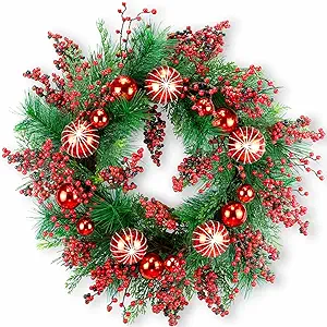 Photo 1 of 24" Red Berries Christmas Wreath, Artificial Holiday Wreath with Red & Purple Frosted Berries, Red Baubles, Green Leyland Cypress Branches & Pine Needles (Red Berries)
