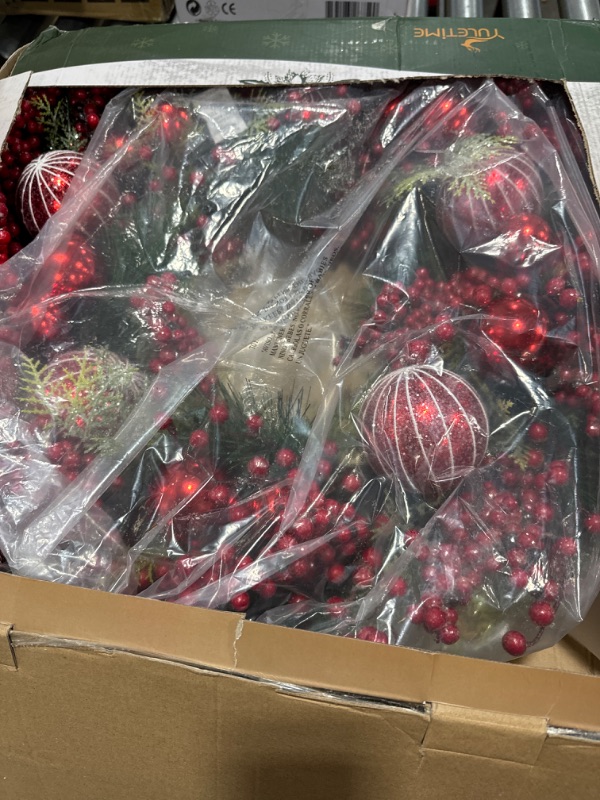 Photo 2 of 24" Red Berries Christmas Wreath, Artificial Holiday Wreath with Red & Purple Frosted Berries, Red Baubles, Green Leyland Cypress Branches & Pine Needles (Red Berries)
