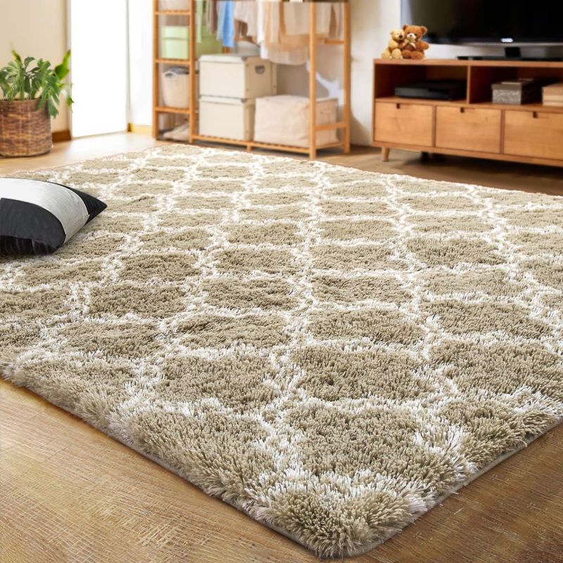 Photo 1 of  Luxury Shag Area Rug 3x5 Feet Geometric Plush Fluffy Rugs, Extra Soft and Comfy Carpet, Moroccan Rugs for Bedroom Living Room Dorm Nursery Kids Home, Beige/White