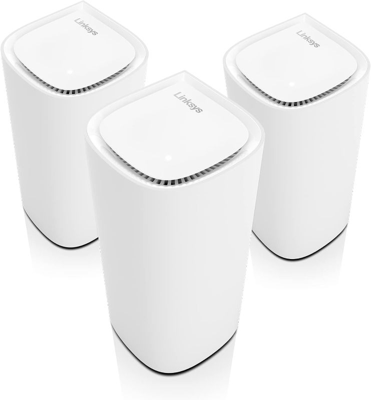 Photo 1 of Linksys Velop Pro WiFi 6E Mesh System - Cognitive Mesh Router with 6 Ghz Band Access & 5.4 (AXE5400) Gbps True Gigabit Speed - Whole-Home Coverage up to 9,000 sq. ft. & 200+ Devices - 3 Pack