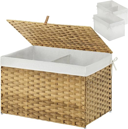 Photo 1 of GREENSTELL Storage Basket with Lid, Handwoven Large Shelf Basket with Cotton Liner and Metal Frame, Foldable & Easy to Install, Storage Box Basket with Handle for Bedroom, Laundry Room Natural 105L
