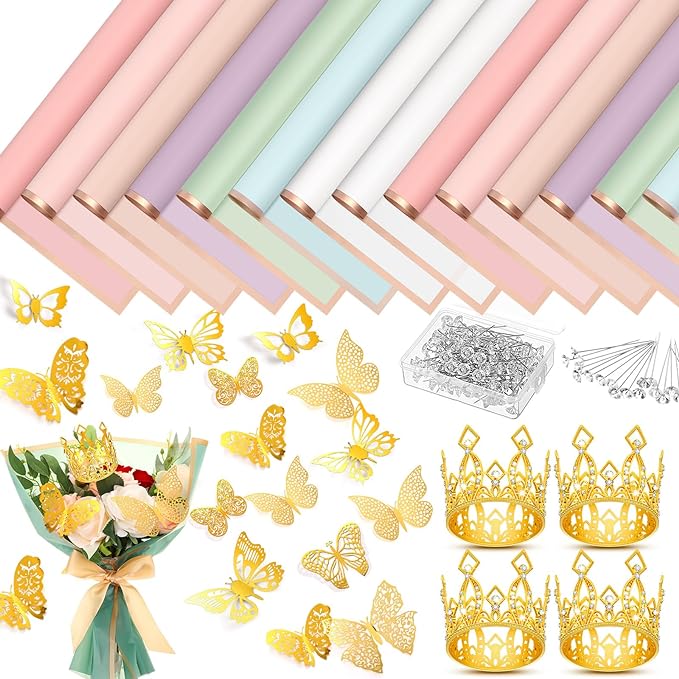 Photo 1 of FairySandy 12 Sheets Bouquet Wrapping Paper Waterproof Flower Floral Wrapping Paper with 200 Pcs Flower Pins 4 Crown Cake Topper 48 Gold Butterflies for Valentine Florist Wrap Supplies(Fresh Color)
