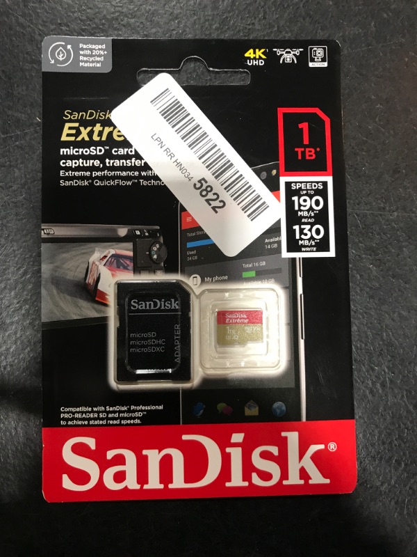 Photo 2 of SanDisk 1TB Extreme microSDXC UHS-I Memory Card with Adapter - Up to 190MB/s, C10, U3, V30, 4K, 5K, A2, Micro SD Card- SDSQXAV-1T00-GN6MA 1TB Memory Card Only