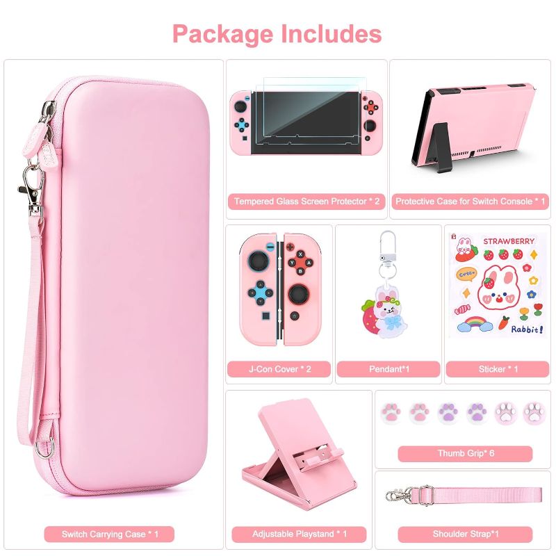 Photo 1 of Younik Switch Accessories Bundle, 15 in 1 Pink Switch (NOT OLED/Lite) Accessories Kit for Girls Include Switch Carrying Case, Adjustable Stand, Protective Case for Switch Console & J-Con Pink
