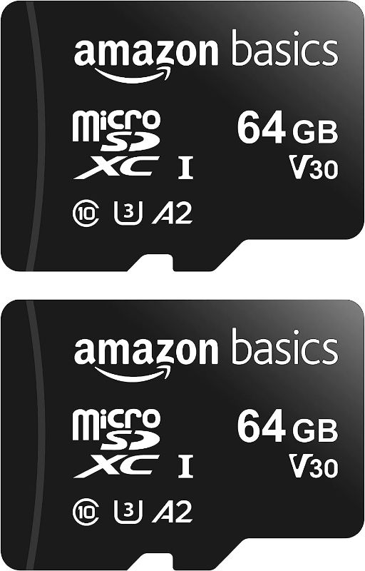 Photo 1 of Amazon Basics Micro SDXC Memory Card with Full Size Adapter, A2, U3, Read Speed up to 100 MB/s, 64 GB, Pack of 2, Black
