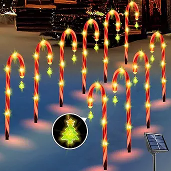 Photo 1 of 10Pack Christmas Decorations Outdoor Solar Candy Cane Lights Pathway Markers Lights with Christmas Tree for Walkway Driveway Lawn Yard Garden Home Indoor Decor 2-in-1 Rechargeable Solar Power 