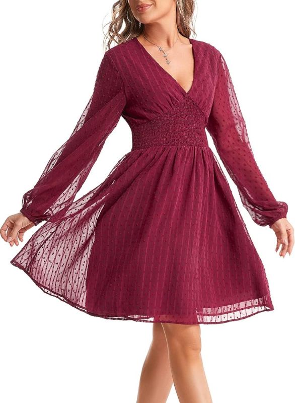 Photo 1 of DSSdoliV Women Autumn Short Dot Flowy V-Neck Casual Ruffle Dresses Wedding Guest Sexy Dress Burgundy SIZE L 