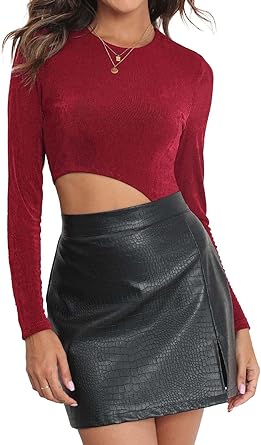 Photo 1 of DEOLINA Womens Shiny Bodysuit Sexy Cutout Long Sleeve Party Body Suits Tops Crew Neck Leotard SIZE S