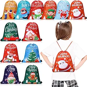 Photo 1 of 12 Pcs Christmas Drawstring Bags Bulk Favor Bags Christmas Gift Bags Reindeer Snowman Snowflakes Santa Claus Holiday Goody Treat Bags for Kids Xmas Winter Party Wrapping (Happy, 13.19 x16.34 In)