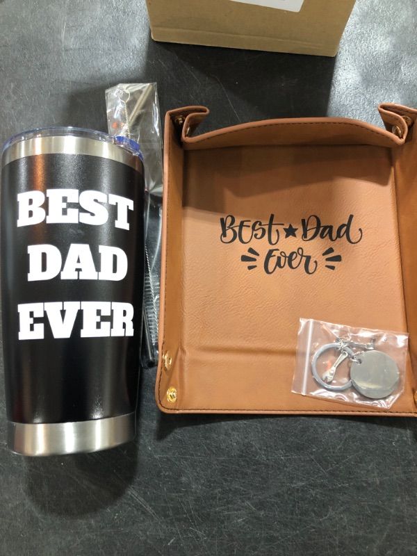 Photo 2 of 3 Pcs Dad Gifts Best Dad Ever Tumbler for Dad from Daughter Son 20 Oz Dad Tumbler Stainless Steel Insulated Mug PU Leather Tray and Dad Keychain for Dad Father Christmas Birthday Gifts
