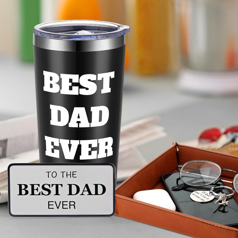 Photo 1 of 3 Pcs Dad Gifts Best Dad Ever Tumbler for Dad from Daughter Son 20 Oz Dad Tumbler Stainless Steel Insulated Mug PU Leather Tray and Dad Keychain for Dad Father Christmas Birthday Gifts
