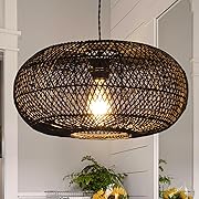 Photo 1 of  Light 15.75" 1-Light Hand-Woven Bamboo Rattan Hanging Lamp Large Globe Wicker Chandelier Modern Bohemian Adjustable Pendant Lamp for Kitchen Island Farmhouse Outdoor Porch Black.…