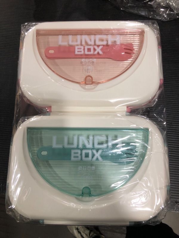 Photo 2 of 2 Set 1.5L Bento Lunch Box Kit for Adult, 4 Compartment Leak Proof Lunch Containers Snack Boxes with Fork & Spoon, BPA Free, Food Prep Storage Containers To Go for Travel Work Daycare, Green+Pink