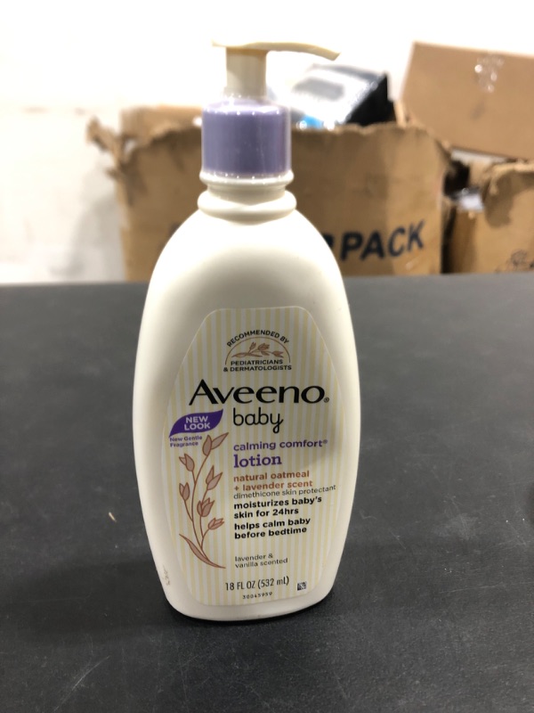 Photo 2 of Aveeno Baby Calming Comfort Moisturizing Lotion with Relaxing Lavender & Vanilla Scents, Non-Greasy Body Lotion with Natural Oatmeal & Dimethicone, Paraben- & Phthalate-Free, 18 fl. Oz (expires: 07.2025)