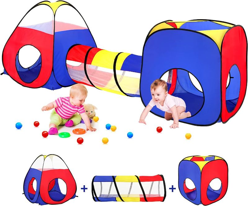 Photo 1 of 3 in 1 Kids Play Tent with Play Tunnels and Ball Pit, Pop Up Toddler Tent for Kids, Kids Toys for Boys and Girls Babies Children Indoor and Outdoor Playhouse, Gift Idea 