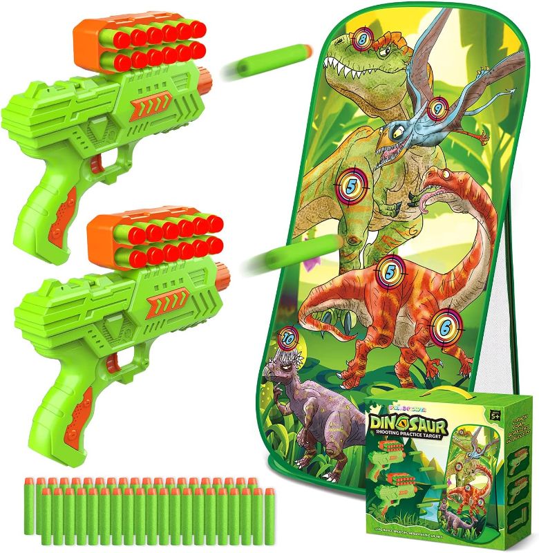 Photo 1 of Dinosaur Shooting Game for Kids 5 6 7 8 9 10 Years Old - Double Sided Target with 2 Foam Dart Blasters & 40 Darts - Outdoor Gun Toys & Birthday Gifts for Teenage Boys Compatible with Nerf Guns