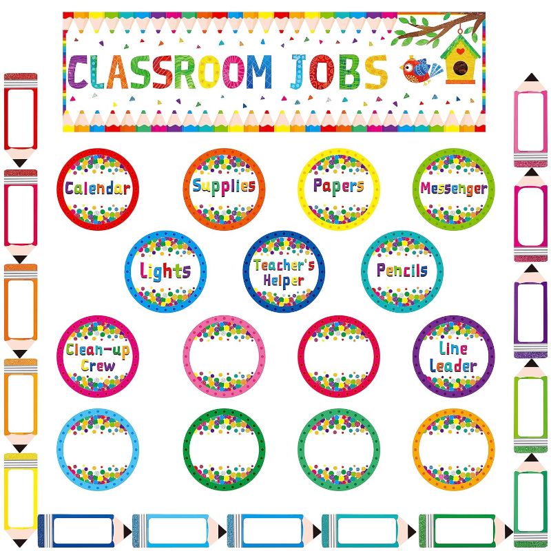 Photo 1 of 2 PACK -53 Pieces Classroom Jobs, 36 Name Card Classroom Job Chart with Name Tag Class Management Teacher’s Helper Colorful Bulletin Board Decor for First Day of School, Back to School Supplies (Confetti)