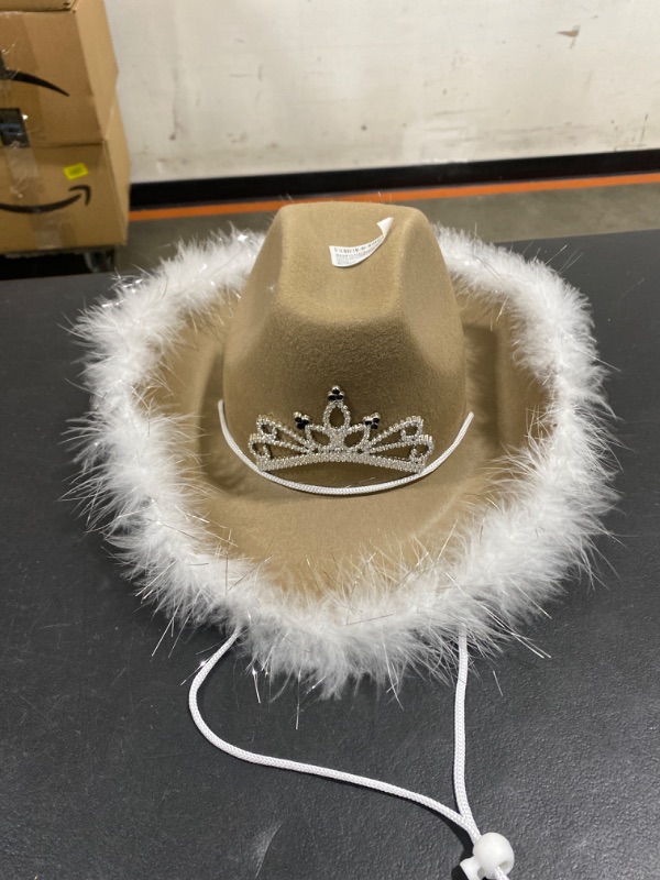 Photo 2 of Cowgirl Hat With Feather Trim - Blinking Tiara Cowboy Hats For Women - Felt Hats For Women For Cowboy Party, Cowgirl Party (Beige)