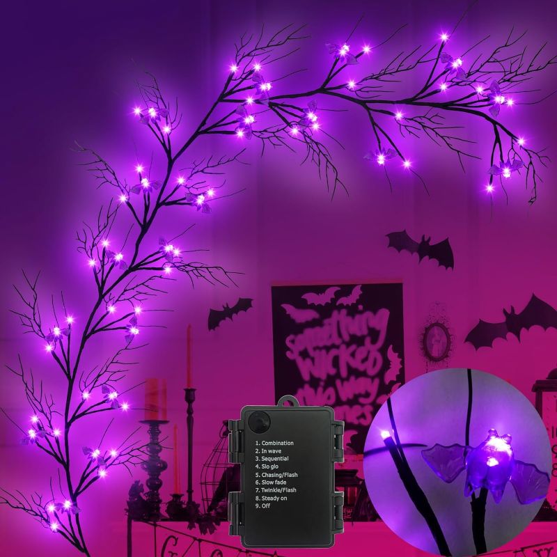 Photo 1 of [Timer & 8 Modes] Krissing 6Ft 57 LED Halloween Willow Vine Twig Halloween Garland with 19 Bats Purple Lights Waterproof Battery Operated Halloween Lights Home Indoor Wall Fireplace Mantle Decor 