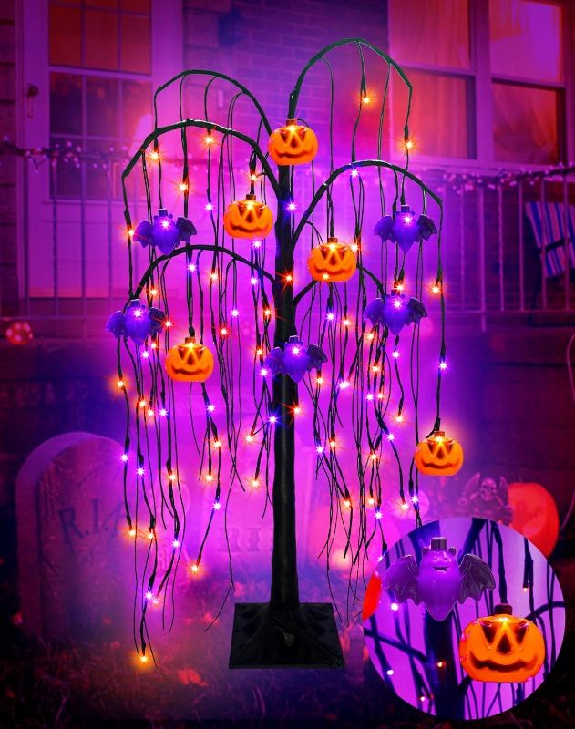 Photo 1 of 4Ft 90LED Orange & Purple Lighted Halloween Willow Tree Decorations with 8 Modes 10 Lighted Jack-O-Lantern Pumpkin & Bats Ornaments Black Weeping Spooky Willow Tree for Outdoor Indoor Home Yard Decor 