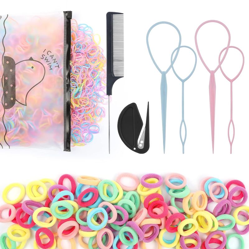 Photo 1 of 1106 Pcs Hair Loop Tool Set with 4 Topsy Tail Hair Tools,1 Ponytail Cutter Remover,1 Metal Pin Rat Tail Comb for Hair Styling,100 Baby Hair Ties Seamless Hair Bands 