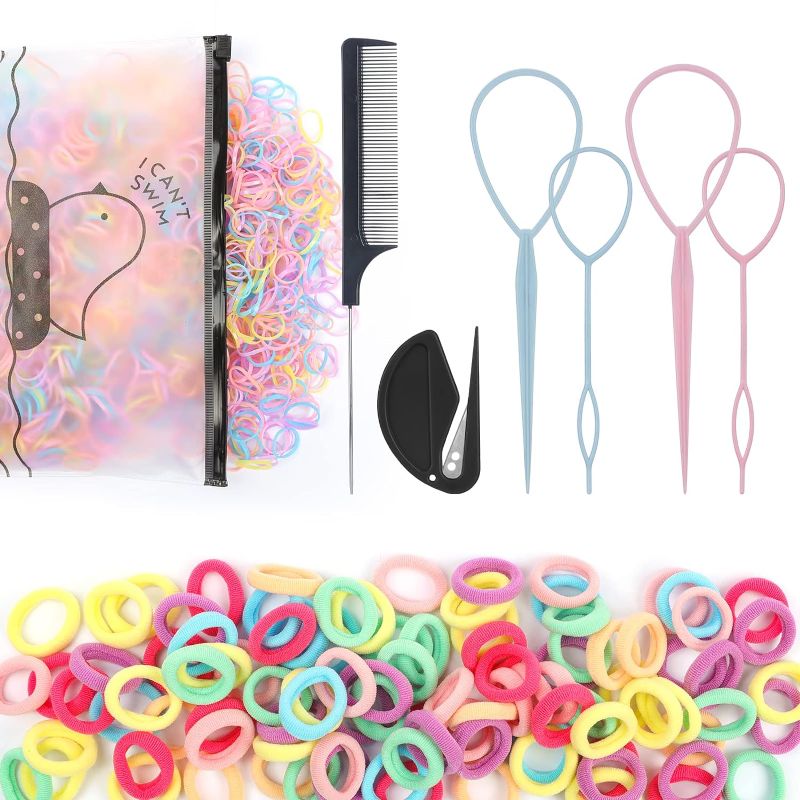 Photo 1 of 1106 Pcs Hair Loop Tool Set with 4 Topsy Tail Hair Tools,1 Ponytail Cutter Remover,1 Metal Pin Rat Tail Comb for Hair Styling,100 Baby Hair Ties Seamless Hair Bands
