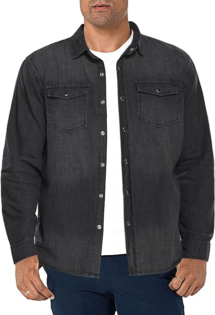 Photo 1 of [Size L] Neonjacc Men's Western Basic Denim Shirt Long Sleeve Button Down Work Shirt- Black