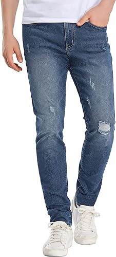 Photo 1 of [Size S] Neonjacc Men's Stretch Skinny Fit Jeans Distressed Slim Fit Denim Pants