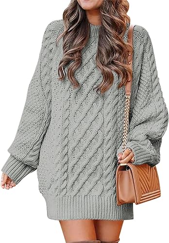 Photo 1 of [Size M] ANRABESS Women 2023 Fall Crewneck Long Sleeve Oversized Cable Knit Chunky Pullover Short Sweater Dresses