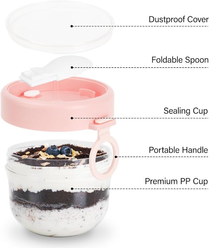 Photo 1 of  Overnight Oats Containers, 20oz Overnight Oats Jars with Lid and Spoon, Portable Plastic Oatmeal Mason Jar for Yogurt Cereal Milk Vegetable Fruit Salad Storage, White&Pink
