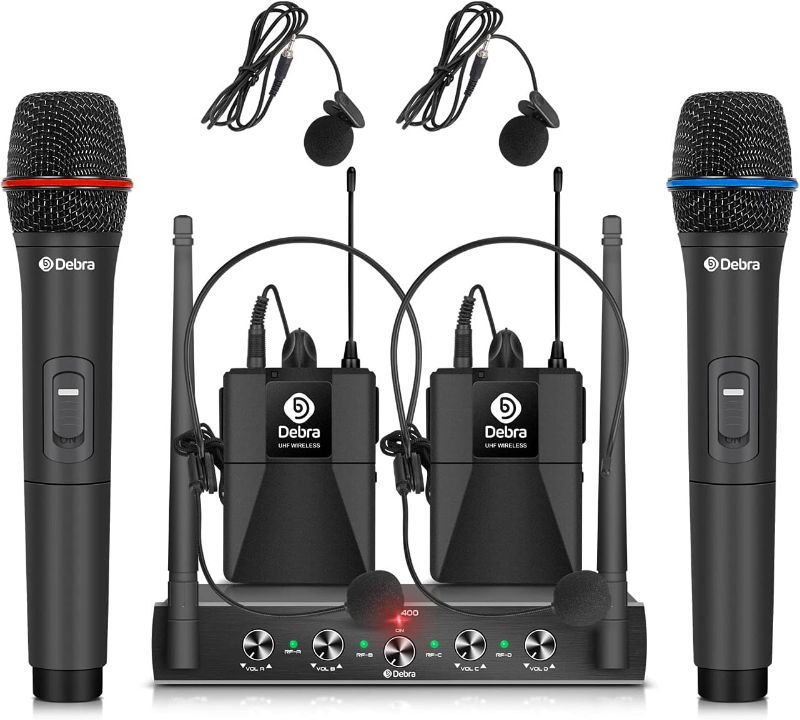 Photo 1 of Debra Audio Pro UHF 4 Channel Wireless Microphone System with Cordless Handheld Lavalier Headset Mics, Metal Receiver, Ideal for Karaoke Church Party (with 2 Handheld & 2 Bodypack (B))
