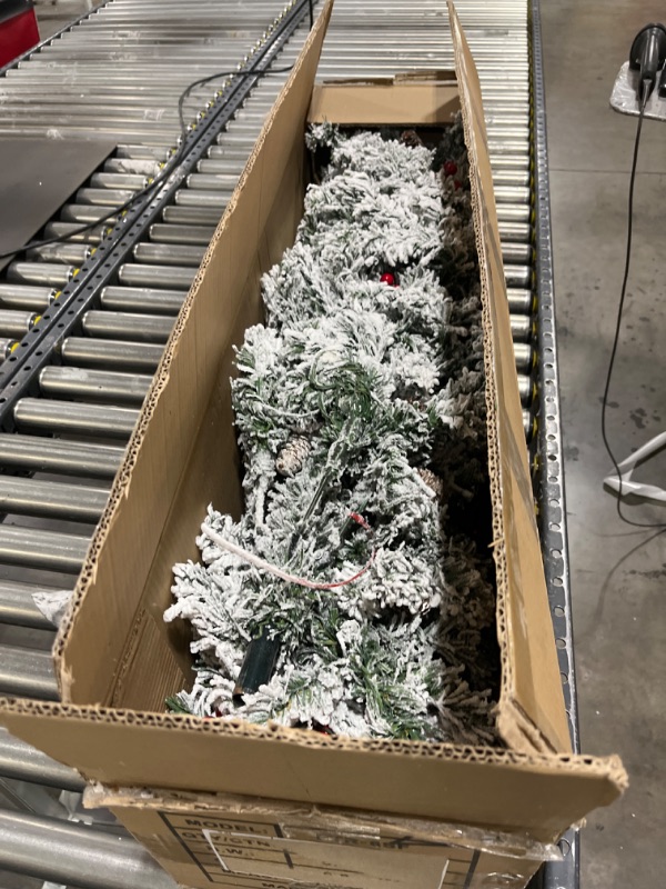 Photo 2 of 6 Ft Prelit Flocked Artificial Slim Christmas Tree, 500 Thick Realistic Snow Branch Tips, 174 Red Berries, 29 Pinecones, 240 LED Clear Lights, Fire-Resistant, UL Plug, Metal Stand, Hinged Flocked Tree