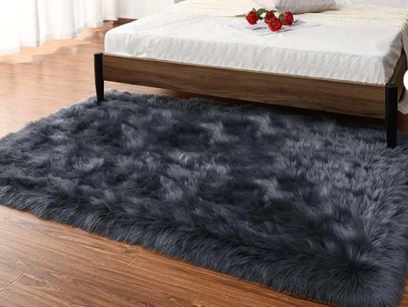 Photo 1 of 4x6 Shag Rug Dark Grey Rug Faux Fur Rug Sheepskin Rug Bedside Rug Plush Rug Washable Fluffy Rug for Bedroom Dorm Luxury Home Décor, Rectangle