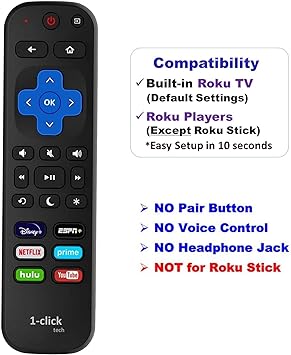 Photo 1 of 1-clicktech for?Roku TV & Roku Box? Remote Control - TCL Hisense ONN Sanyo Sharp Hitachi Element Insignia Westinghouse LG JVC Magnavox Roku TV, w/ 12 Opt. Channels 