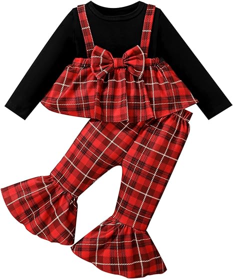 Photo 1 of LitBear Toddler Baby Girls Christmas Outfits Plaid Drees Shirt Flare for Newborn Xmas Dress Clothes Set 6M-3T 