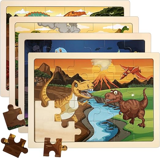 Photo 2 of Wooden Dinosaur Puzzles for Kids Age 3 4 5 Year Old, 4 Pack 24 Pcs Montessori Jigsaw Puzzles for Girl boy Activities Preschool Learning Educational Birthday Gift Travel Autistic Wooden Toys