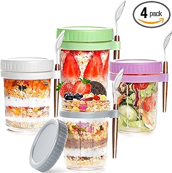 Photo 2 of 4 Pack Overnight Oats Containers with Lids And Spoon, 16 oz Glass Mason Jars For Overnight Oats, Large Capacity Overnight Oats Jars with Measure Marks Oatmeal Container for Cereal Yogurt Fruit Salad