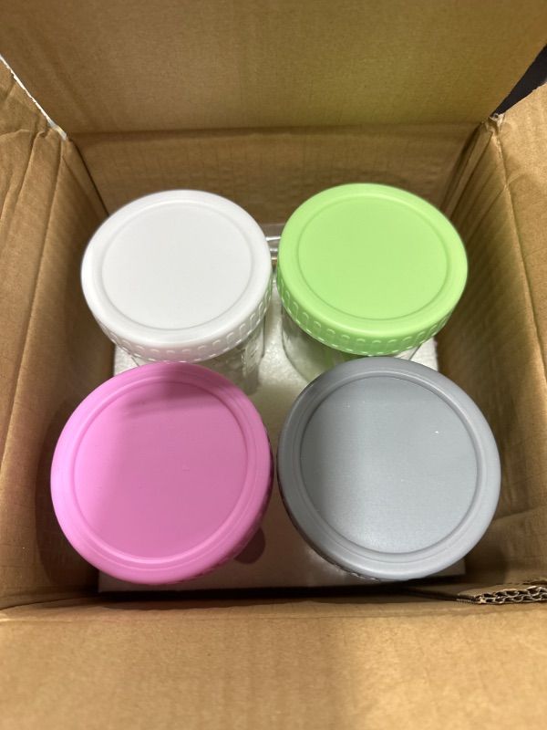 Photo 1 of 4 Pack Overnight Oats Containers with Lids And Spoon, 16 oz Glass Mason Jars For Overnight Oats, Large Capacity Overnight Oats Jars with Measure Marks Oatmeal Container for Cereal Yogurt Fruit Salad white/purple/grey/ light green