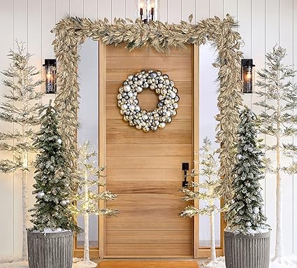 Photo 1 of 3 Pcs 6FT Christmas Garland Gold Glittered Artificial Magnolia Leaves for Mantle Christmas Tree Decorations Indoor Outdoor Hanging Garland Ornaments Garden Door Wall Window Stair Holiday Home Decor