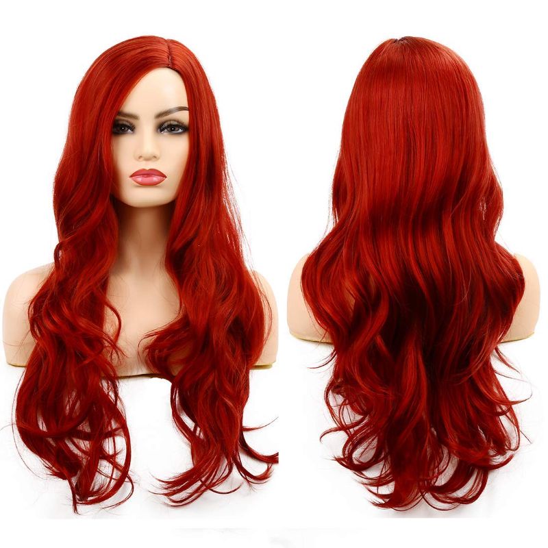 Photo 1 of Baruisi Long Curly Wavy Red Wigs for Women Side Part Natural Looking Cosplay Synthetic Fiber Wig Heat Resistant Replacement Wig