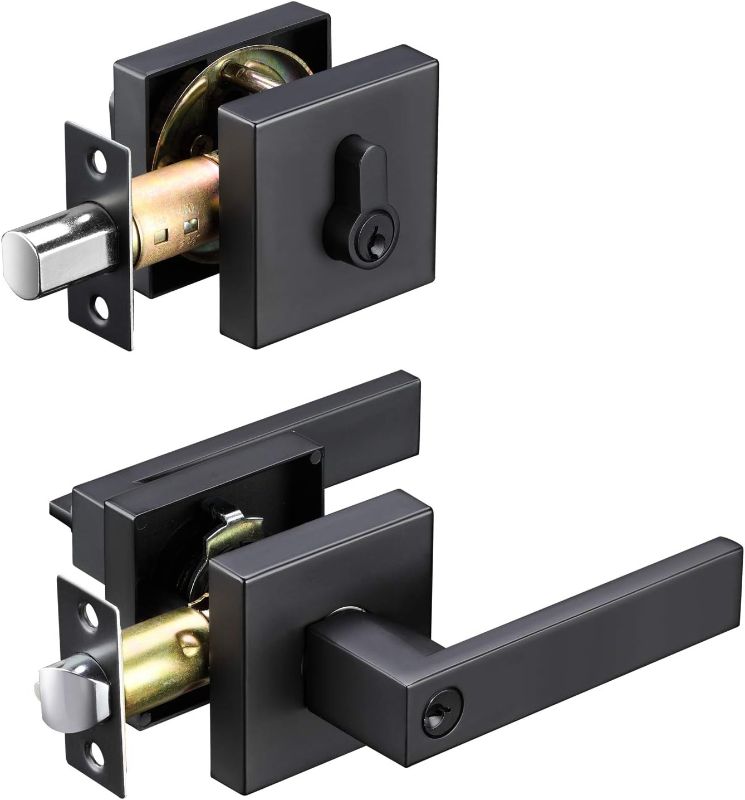 Photo 1 of  Entry Door Levers Exterior Door Lock Set with Deadbolt - Heavy Duty Zinc Alloy Black Door Handle with Lock and Single Cylinder Deadbolt for Entrance, Front Door and Office