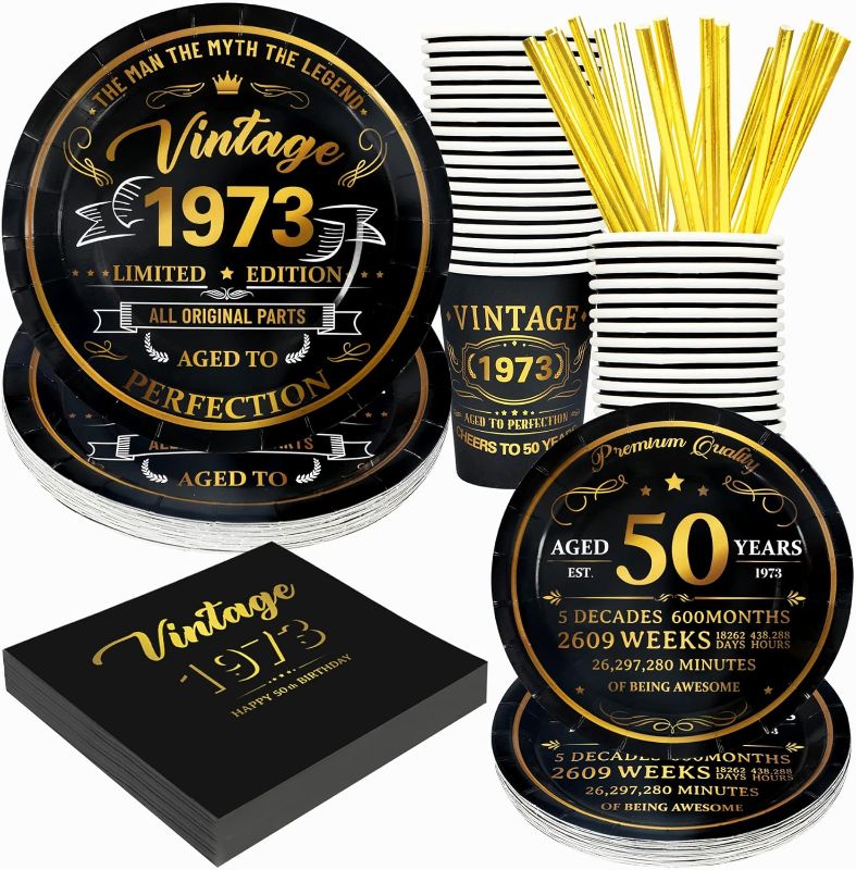 Photo 1 of 50th Birthday Decorations for Men, Vintage 1973 Disposable Paper Plates and Napkins Party Supplies for 24 Guests, 120 Pcs Include 7" and 9" Plates, 9oz Cups, Napkins and Straws