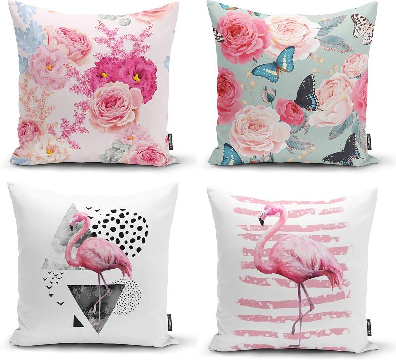 Photo 1 of Ysahome Floral Digital Print Pillow Cover - Flamingo Decor Square Cushion Cover - Striped Throw Pillow Case - Geometrical Theme Decorative Accent Pillow, 18x18 Inches, Pink Blue White (Set of 4)