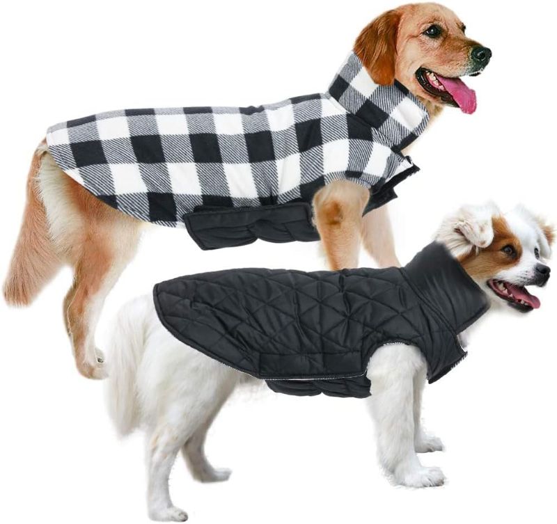 Photo 1 of  Dog Jackets for Winter, Reversible Dog Coat Windproof Waterproof Dog Winter Jackets for Cold Weather, British Style Plaid Dog Coats Warm Dog Vest for Small Medium Large Dogs, Black S